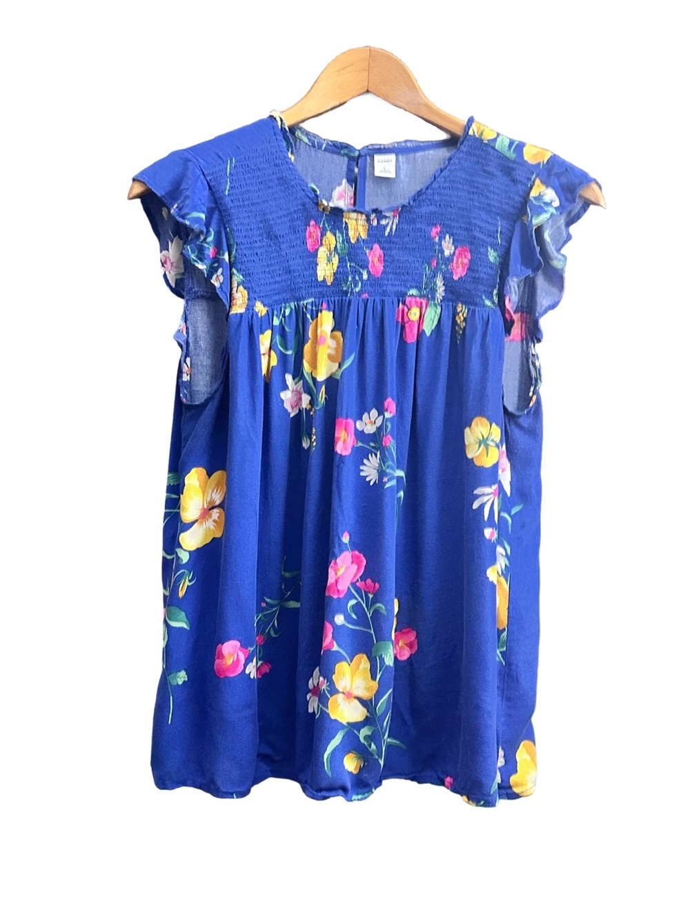 Old Navy Smocked Yoke Sleeveless Blouse Ruffle Shoulder L large Blue Floral